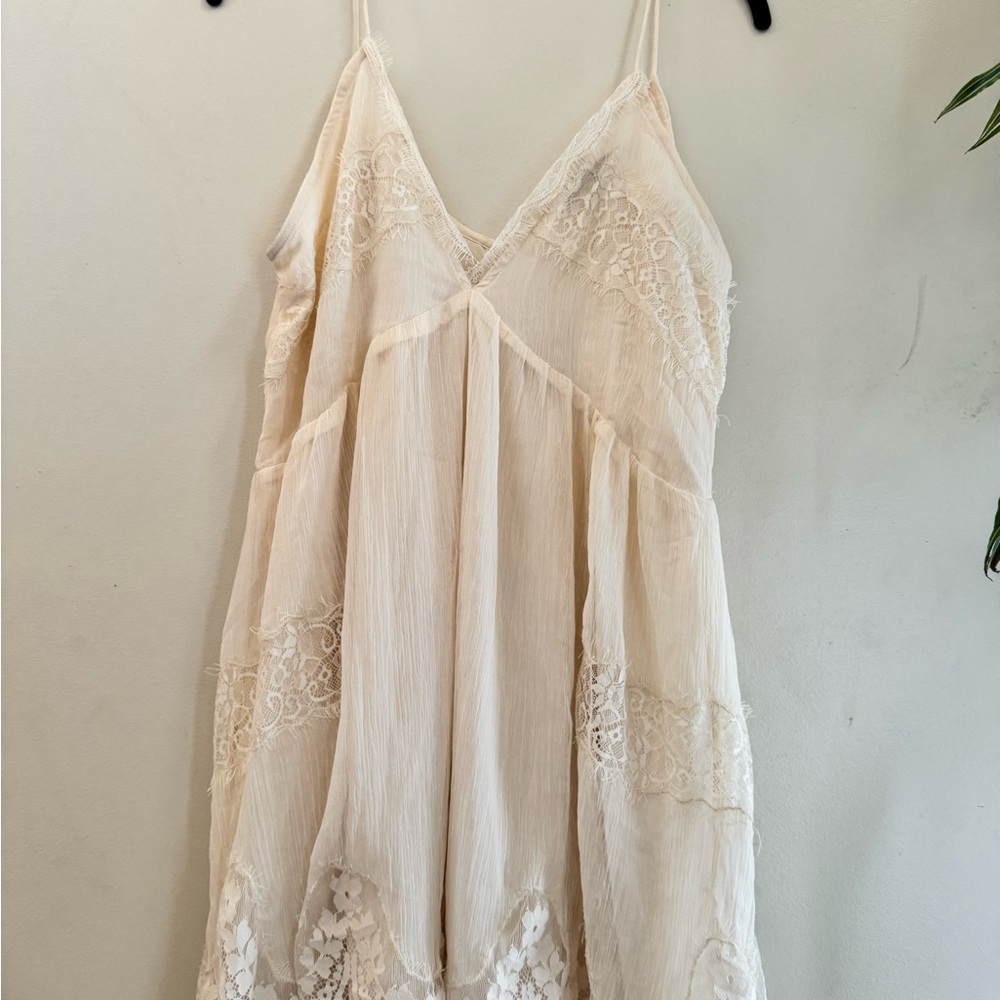 Mango Strapless Lace-Panel Cream Slip Dress